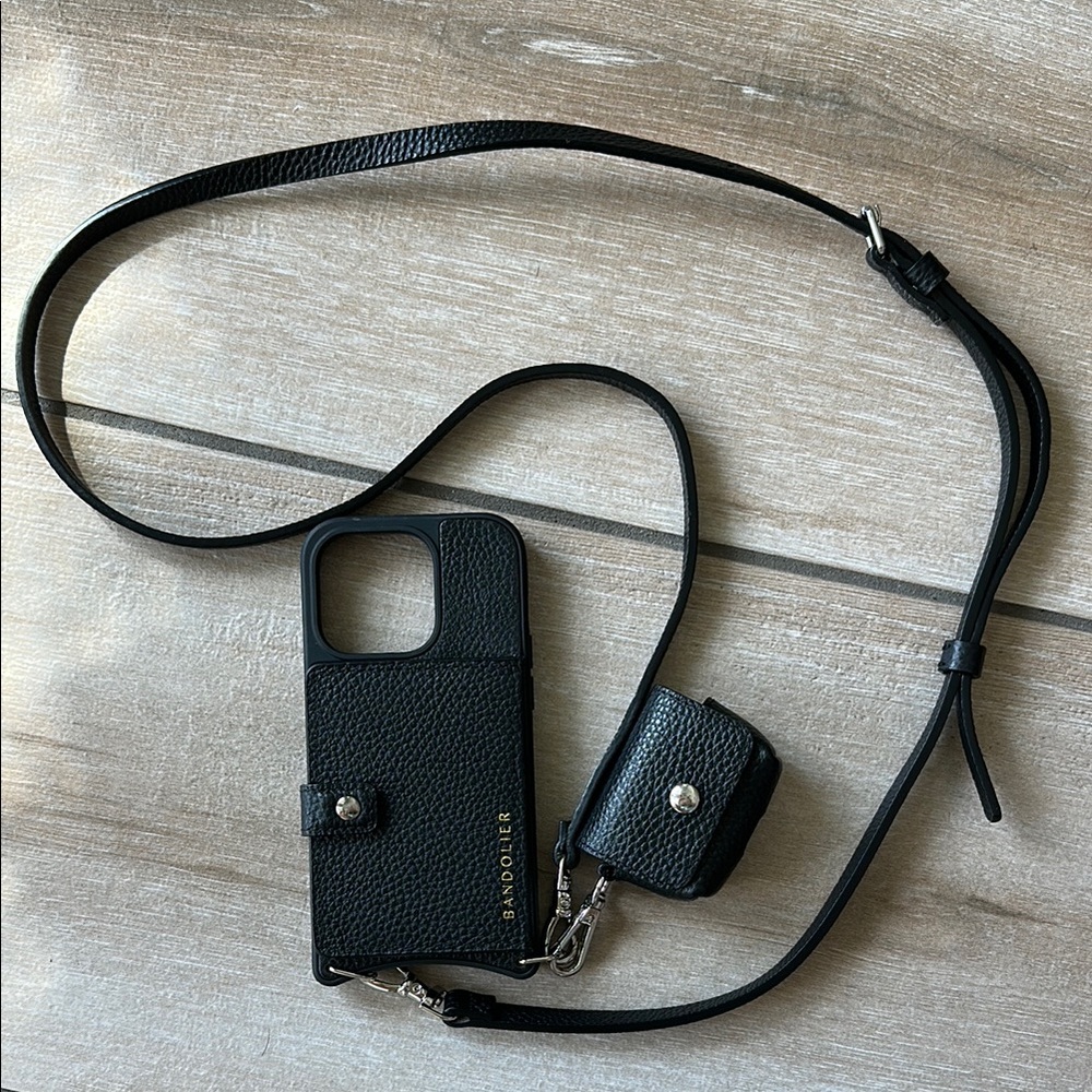 Bandolier Black Leather iPhone 14 Pro Case with Strap and AirPod Case EUC